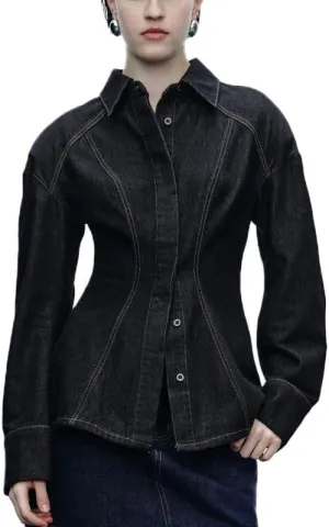 Drop Shoulder Long Sleeve Denim Jackets For Women Trendy Button Down Jean Jacket Lightweight Casual Denim Shirt