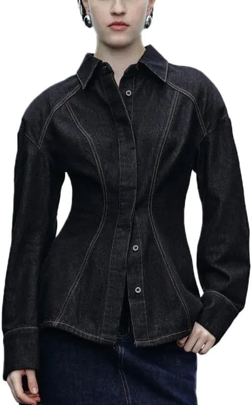 Drop Shoulder Long Sleeve Denim Jackets For Women Trendy Button Down Jean Jacket Lightweight Casual Denim Shirt