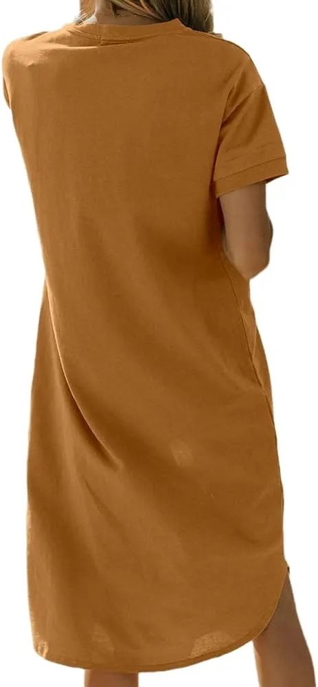 Dyexces Summer Dress for Women Crew Neck Short Sleeve Solid Basic T-Shirts Casual Midi Dresses with Pocket