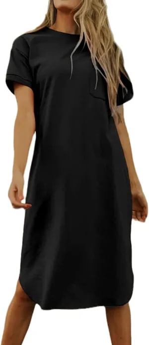 Dyexces Summer Dress for Women Crew Neck Short Sleeve Solid Basic T-Shirts Casual Midi Dresses with Pocket