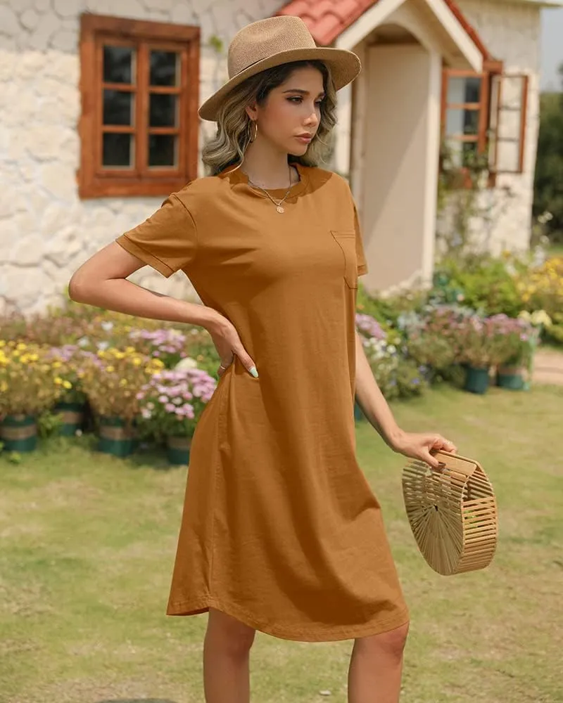 Dyexces Summer Dress for Women Crew Neck Short Sleeve Solid Basic T-Shirts Casual Midi Dresses with Pocket