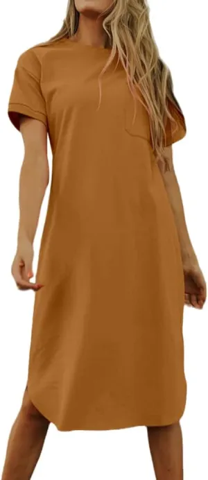 Dyexces Summer Dress for Women Crew Neck Short Sleeve Solid Basic T-Shirts Casual Midi Dresses with Pocket
