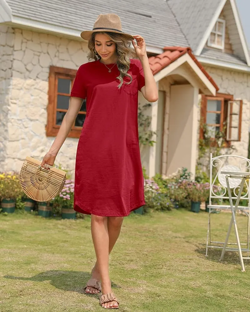 Dyexces Summer Dress for Women Crew Neck Short Sleeve Solid Basic T-Shirts Casual Midi Dresses with Pocket