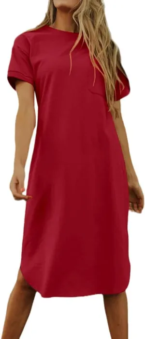 Dyexces Summer Dress for Women Crew Neck Short Sleeve Solid Basic T-Shirts Casual Midi Dresses with Pocket