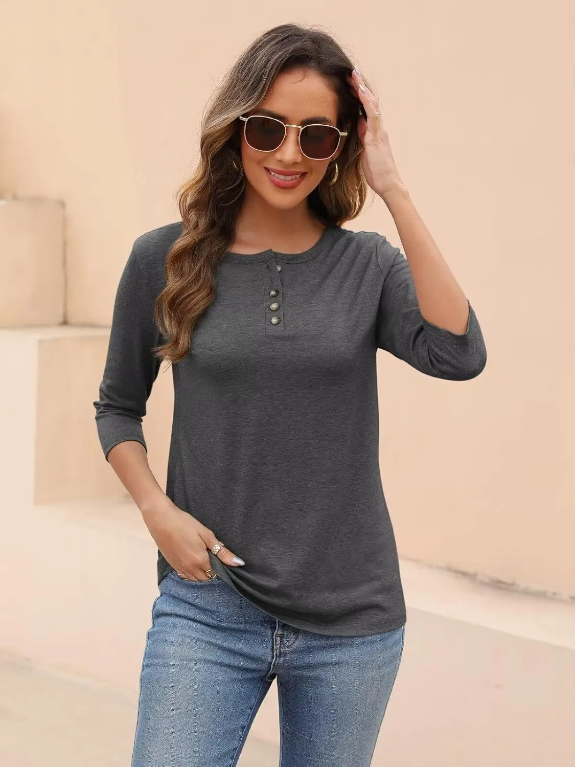 EADINVE Womens Crew Neck 3/4 Sleeve Tops Basic Button T-Shirts Solid Loose Cute Tunic Tee Blouses Fit Pullover