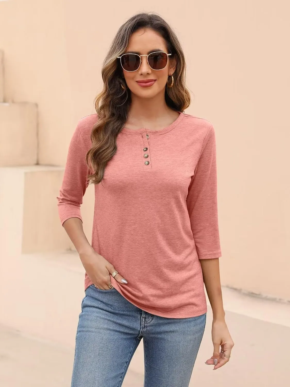 EADINVE Womens Crew Neck 3/4 Sleeve Tops Basic Button T-Shirts Solid Loose Cute Tunic Tee Blouses Fit Pullover