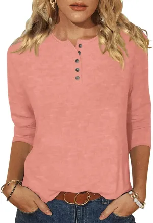 EADINVE Womens Crew Neck 3/4 Sleeve Tops Basic Button T-Shirts Solid Loose Cute Tunic Tee Blouses Fit Pullover