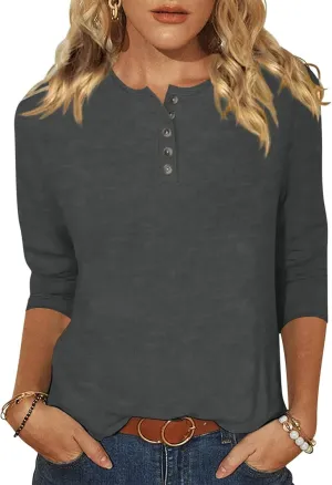 EADINVE Womens Crew Neck 3/4 Sleeve Tops Basic Button T-Shirts Solid Loose Cute Tunic Tee Blouses Fit Pullover