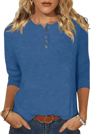 EADINVE Womens Crew Neck 3/4 Sleeve Tops Basic Button T-Shirts Solid Loose Cute Tunic Tee Blouses Fit Pullover