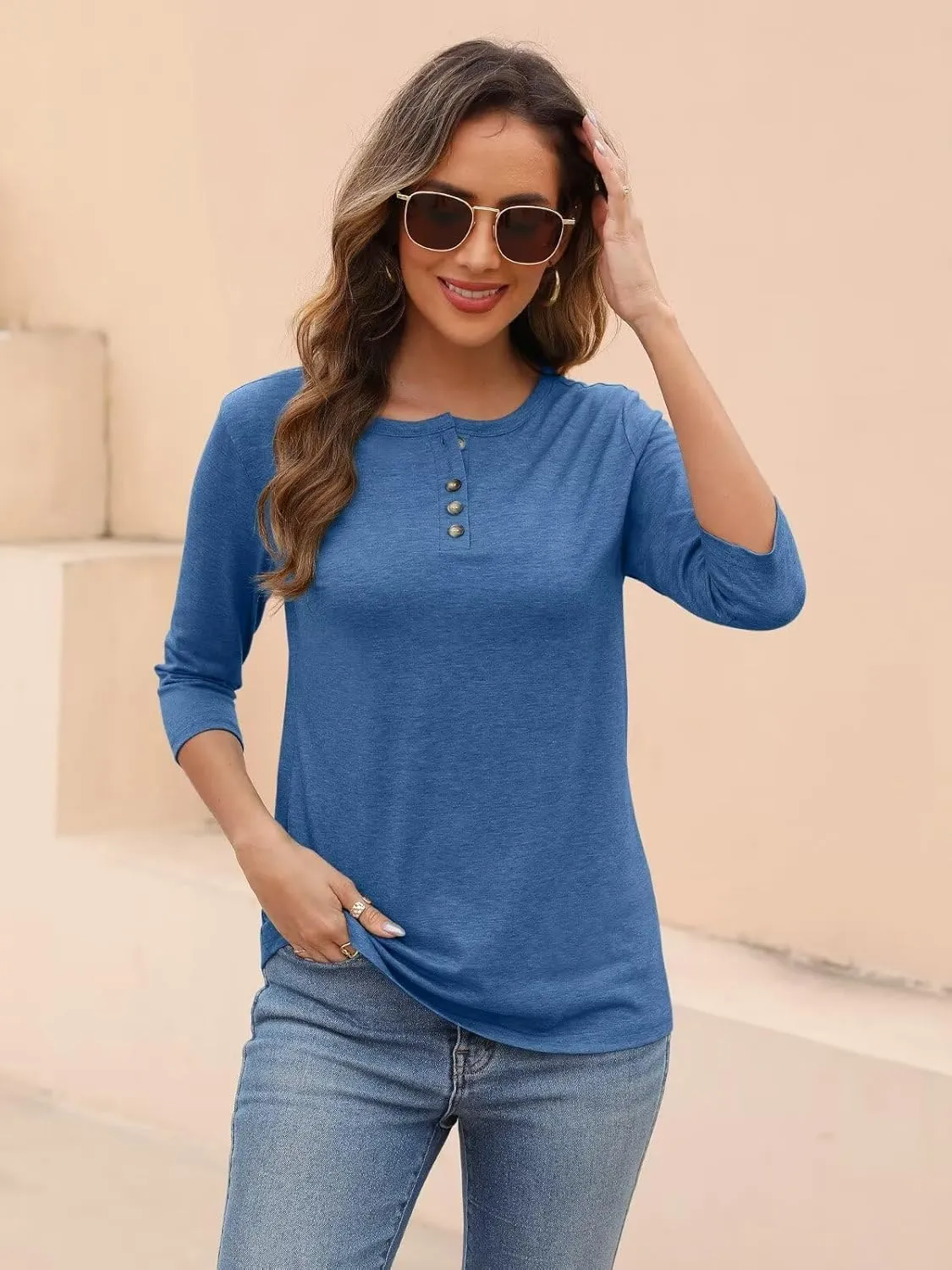 EADINVE Womens Crew Neck 3/4 Sleeve Tops Basic Button T-Shirts Solid Loose Cute Tunic Tee Blouses Fit Pullover