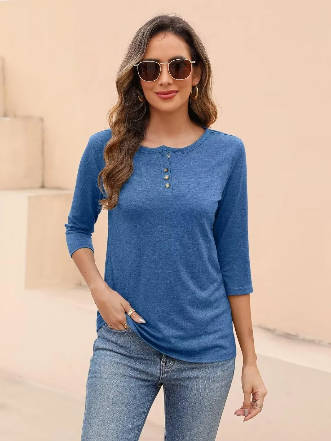 EADINVE Womens Crew Neck 3/4 Sleeve Tops Basic Button T-Shirts Solid Loose Cute Tunic Tee Blouses Fit Pullover