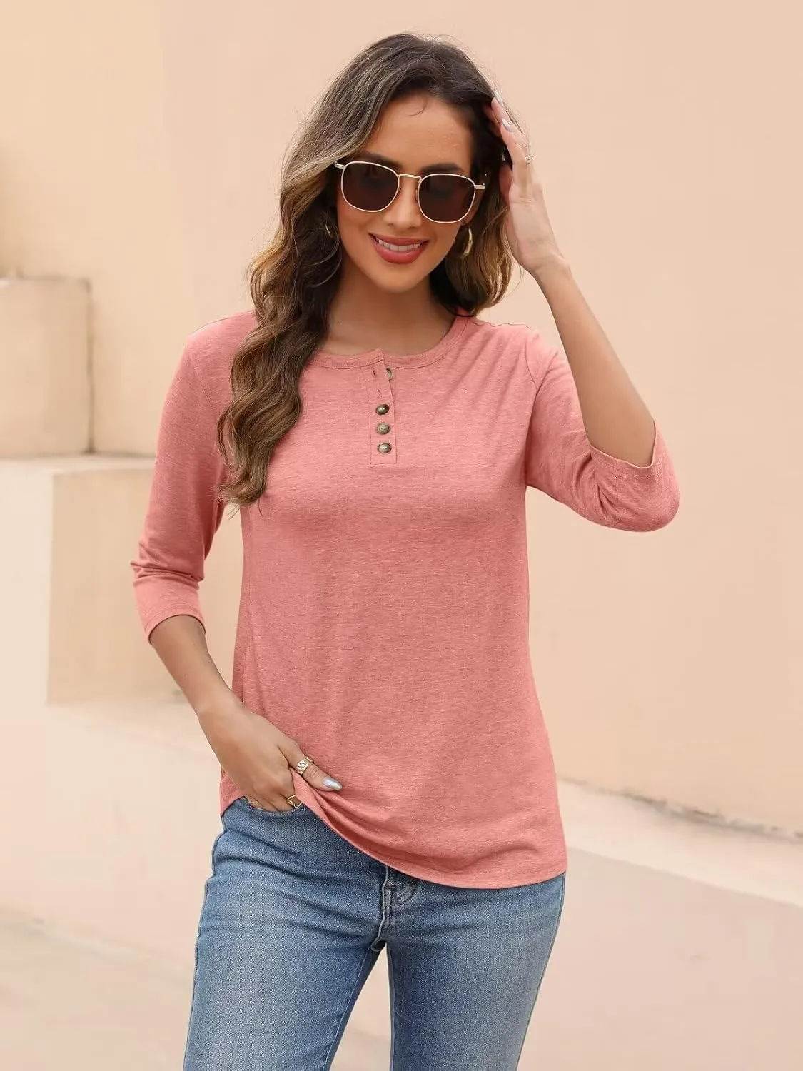 EADINVE Womens Crew Neck 3/4 Sleeve Tops Basic Button T-Shirts Solid Loose Cute Tunic Tee Blouses Fit Pullover