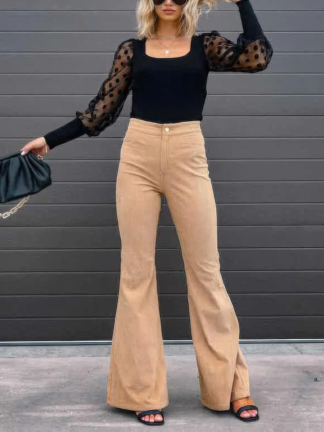 ebossy Women's Flare Stretch Corduroy High Rise Trousers Skinny Bell Bottom Boot Cut Pants with Pockets