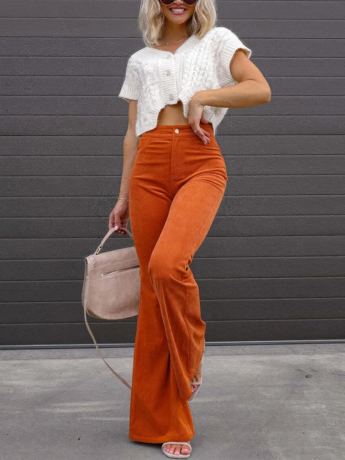 ebossy Women's Flare Stretch Corduroy High Rise Trousers Skinny Bell Bottom Boot Cut Pants with Pockets