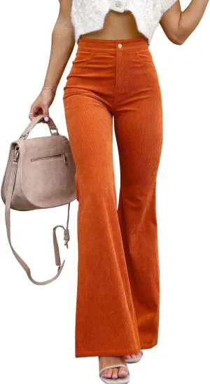 ebossy Women's Flare Stretch Corduroy High Rise Trousers Skinny Bell Bottom Boot Cut Pants with Pockets