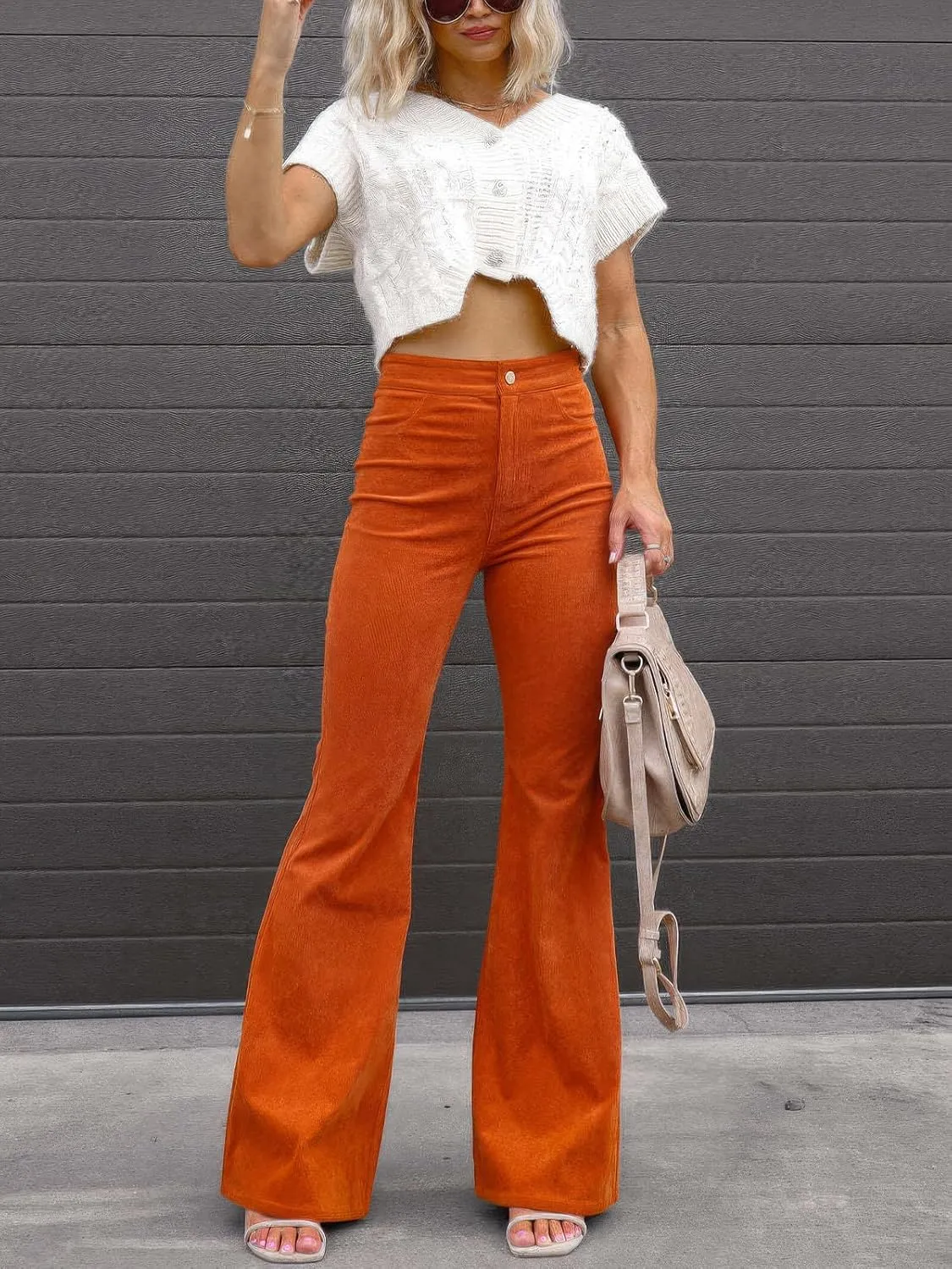 ebossy Women's Flare Stretch Corduroy High Rise Trousers Skinny Bell Bottom Boot Cut Pants with Pockets