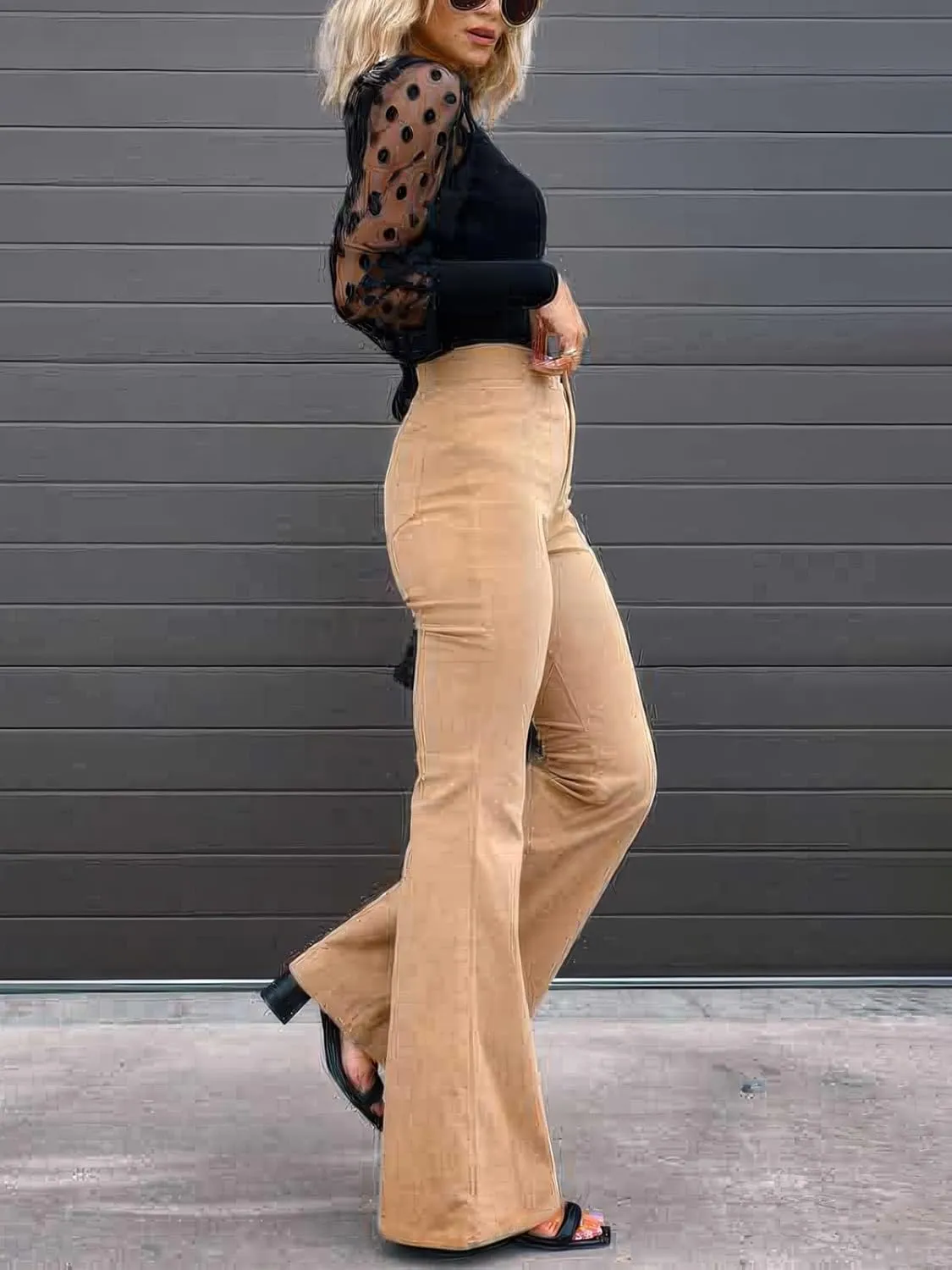 ebossy Women's Flare Stretch Corduroy High Rise Trousers Skinny Bell Bottom Boot Cut Pants with Pockets
