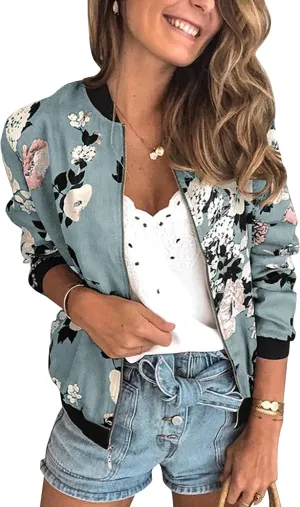 ECOWISH Women's Casual Floral Zip Up Bomber Jacket Coat Lightweight Short Camo No Lining Outwear Tops Windbreaker with Pocket