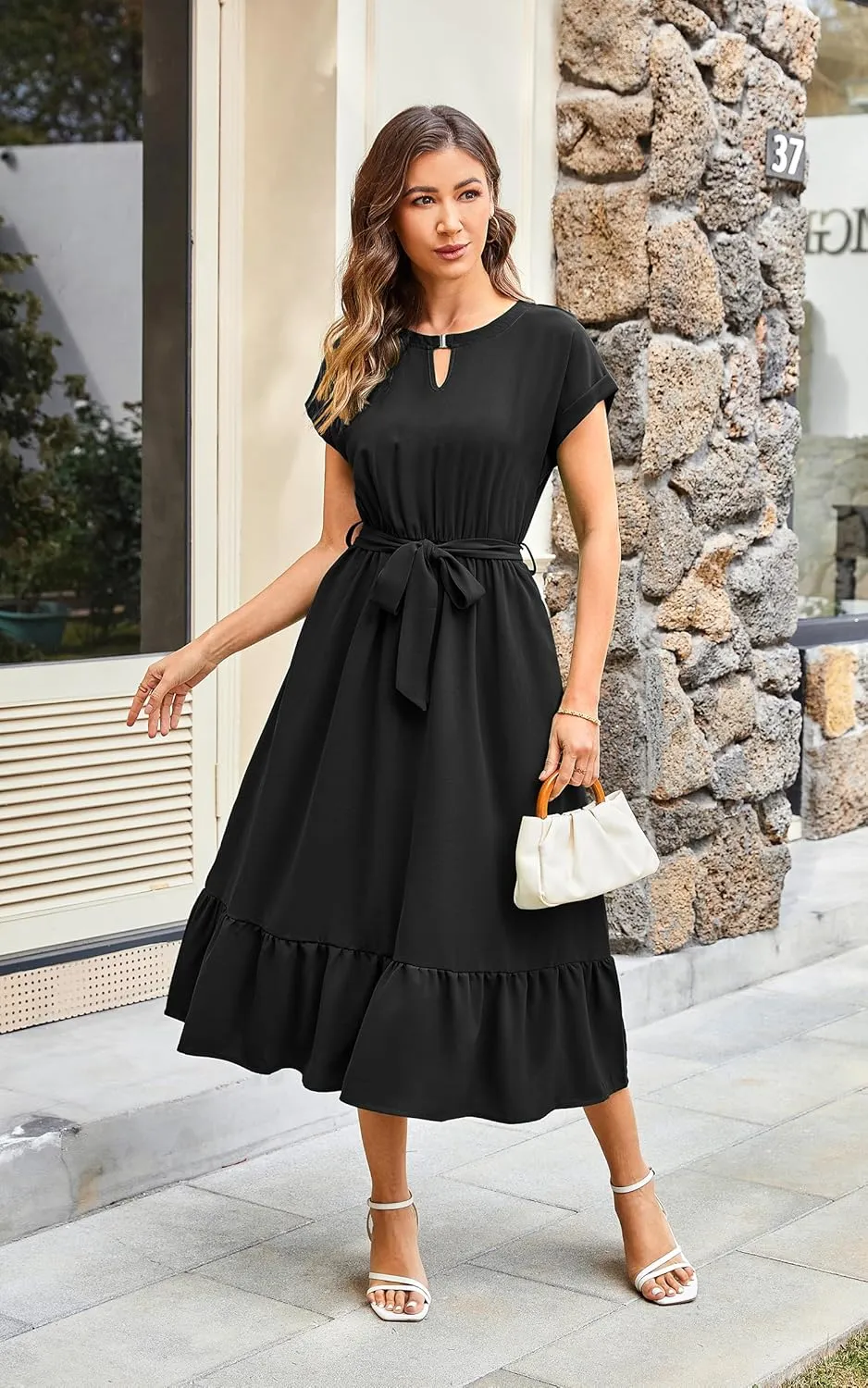 ECOWISH Womens Casual Midi Dresses Solid V Neck Short Sleeve Button Shirt Belted Dress with Pockets for Spring Summer 2025