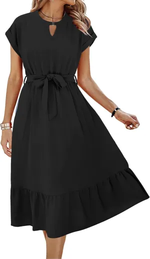 ECOWISH Womens Casual Midi Dresses Solid V Neck Short Sleeve Button Shirt Belted Dress with Pockets for Spring Summer 2025