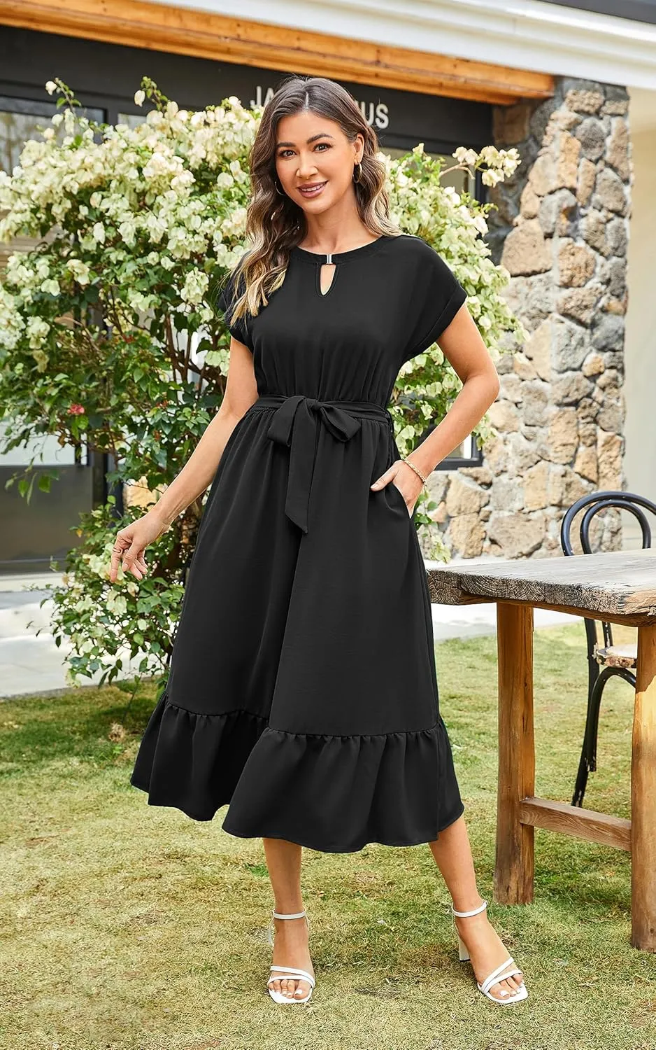 ECOWISH Womens Casual Midi Dresses Solid V Neck Short Sleeve Button Shirt Belted Dress with Pockets for Spring Summer 2025