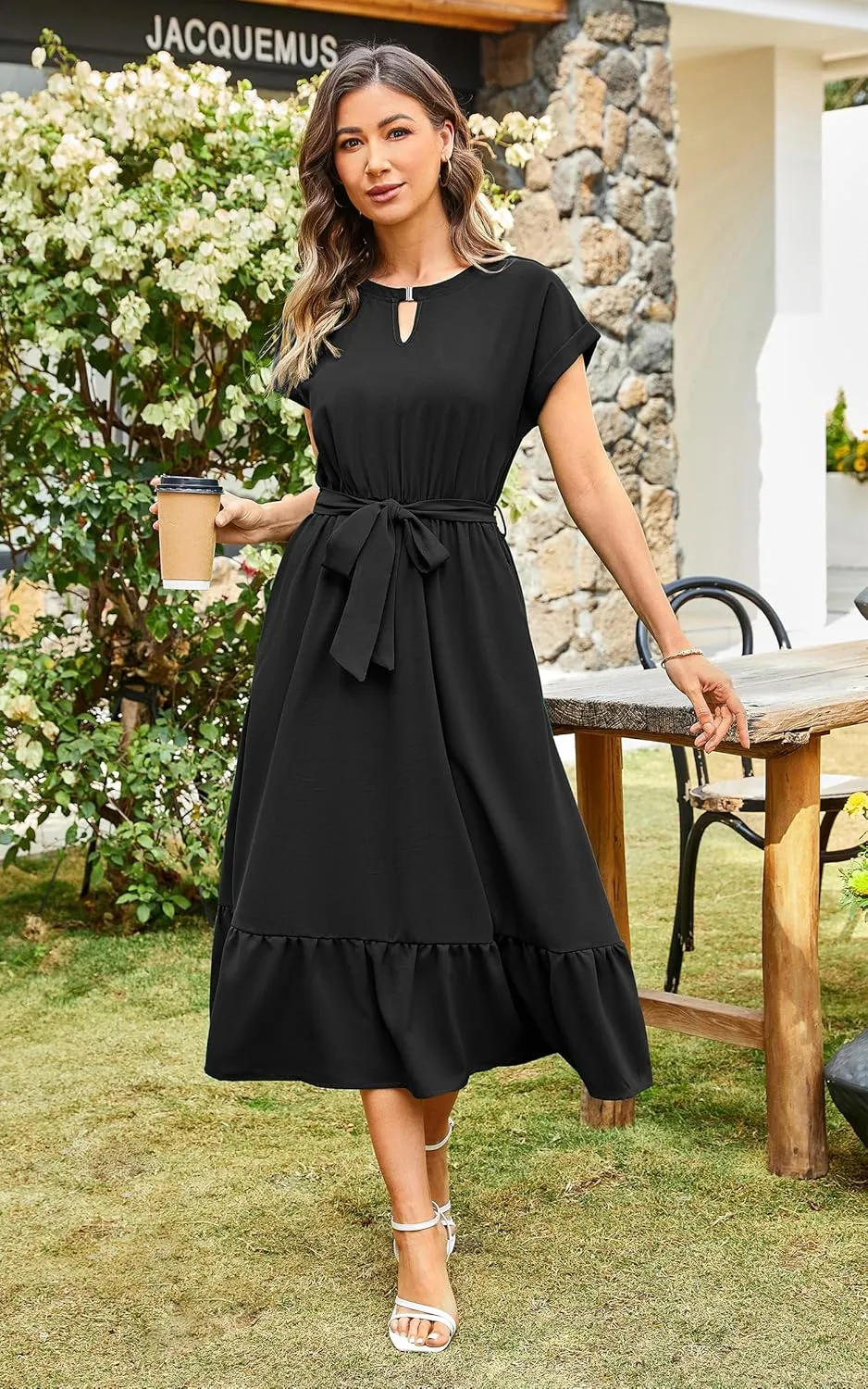 ECOWISH Womens Casual Midi Dresses Solid V Neck Short Sleeve Button Shirt Belted Dress with Pockets for Spring Summer 2025
