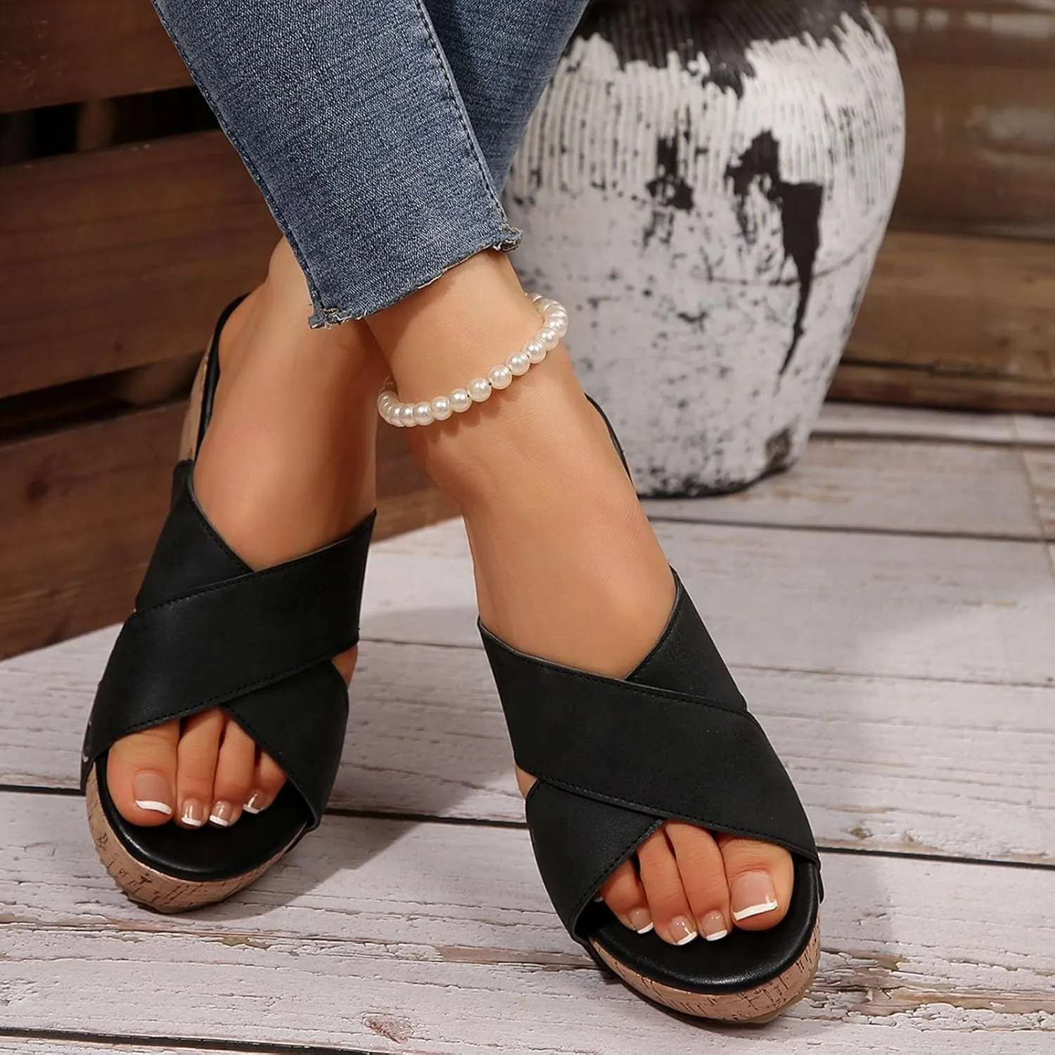 Eduavar Sandals Women Dressy Summer Flat, Sandals Women Fashion Dressy Ring Toe Platform Wedge Sandals Slip On Shoes