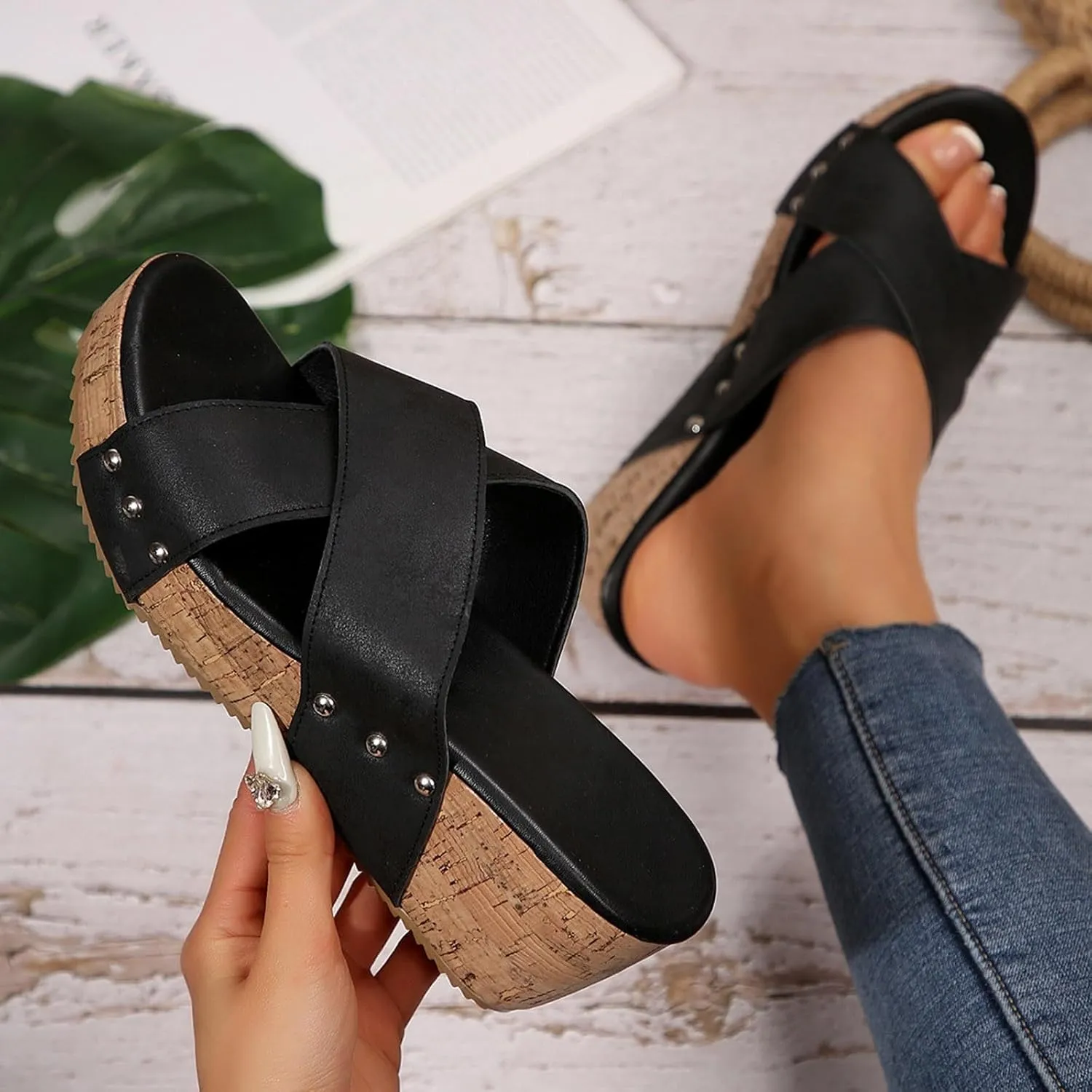 Eduavar Sandals Women Dressy Summer Flat, Sandals Women Fashion Dressy Ring Toe Platform Wedge Sandals Slip On Shoes