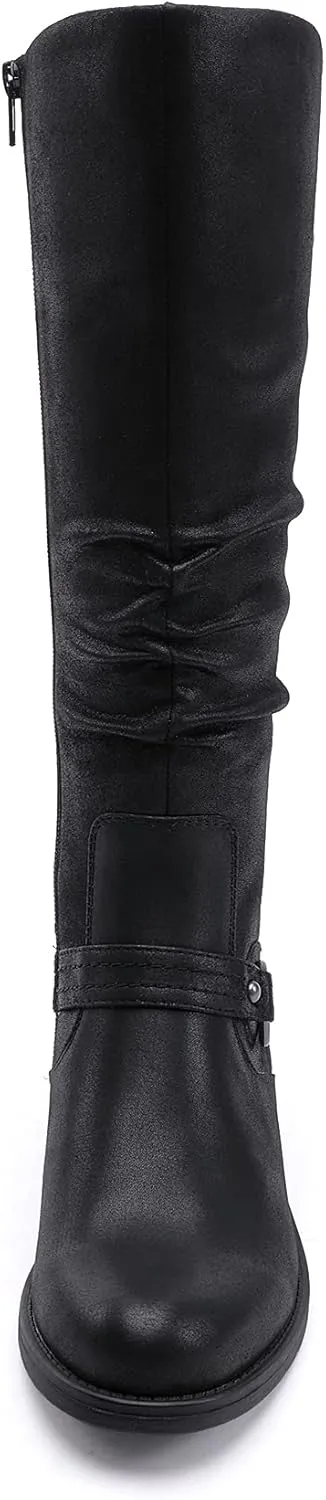 EETTARO Women's Mid Calf Boots Elastic Low Heel Knee High Boot Fashion Side Zip Buckles Winter Boots