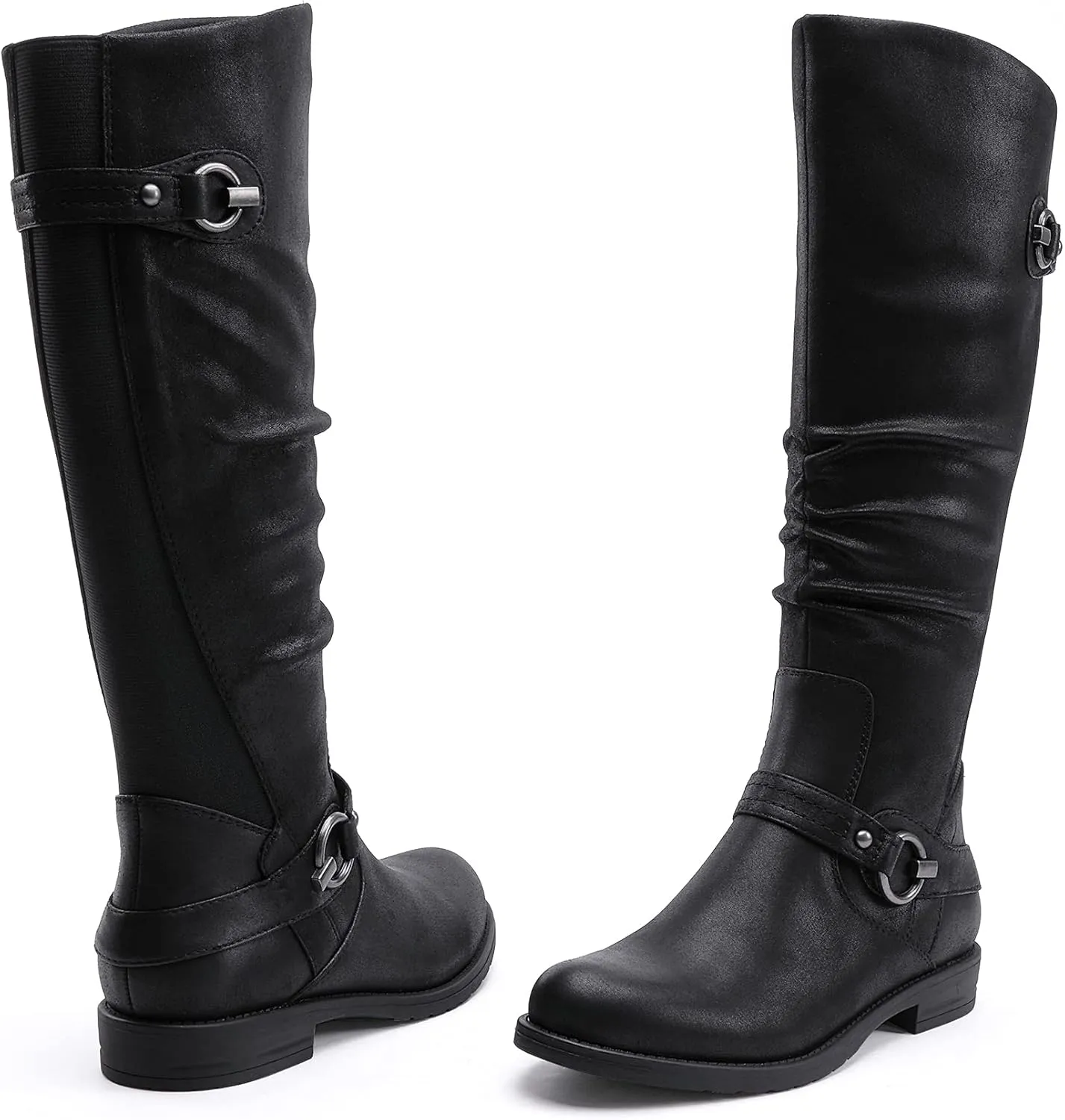 EETTARO Women's Mid Calf Boots Elastic Low Heel Knee High Boot Fashion Side Zip Buckles Winter Boots
