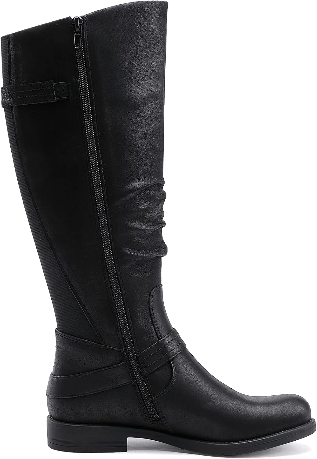 EETTARO Women's Mid Calf Boots Elastic Low Heel Knee High Boot Fashion Side Zip Buckles Winter Boots