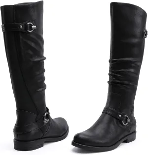 EETTARO Women's Mid Calf Boots Elastic Low Heel Knee High Boot Fashion Side Zip Buckles Winter Boots