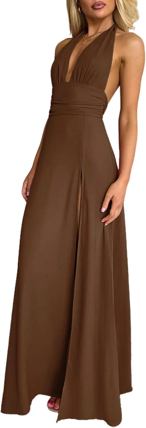 Ekaliy Womens Sexy Halter Deep V Neck Maxi Dress Sleeveless Backless Split Long Dress
