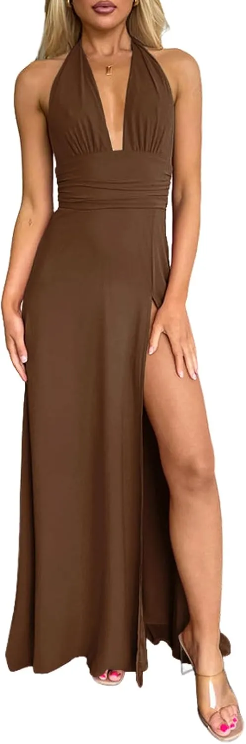 Ekaliy Womens Sexy Halter Deep V Neck Maxi Dress Sleeveless Backless Split Long Dress