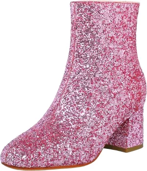 Elbslutt Women's Glitter Sparkly Booties Chunky Heels Ankle Boots Back Zipper Block Heeled Short Sequin Boots Wedding Bridal Party Dress Shoes