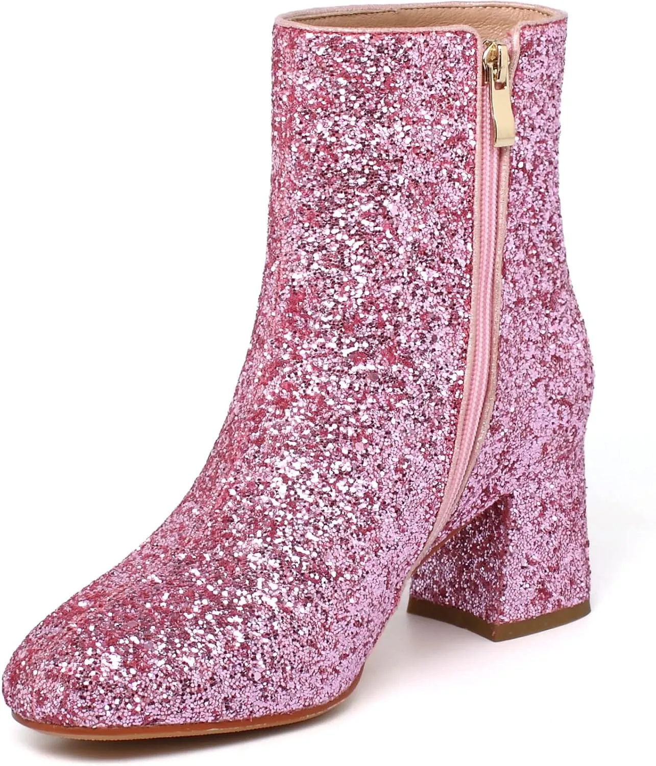 Elbslutt Women's Glitter Sparkly Booties Chunky Heels Ankle Boots Back Zipper Block Heeled Short Sequin Boots Wedding Bridal Party Dress Shoes