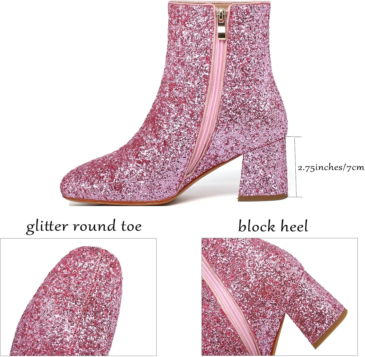 Elbslutt Women's Glitter Sparkly Booties Chunky Heels Ankle Boots Back Zipper Block Heeled Short Sequin Boots Wedding Bridal Party Dress Shoes
