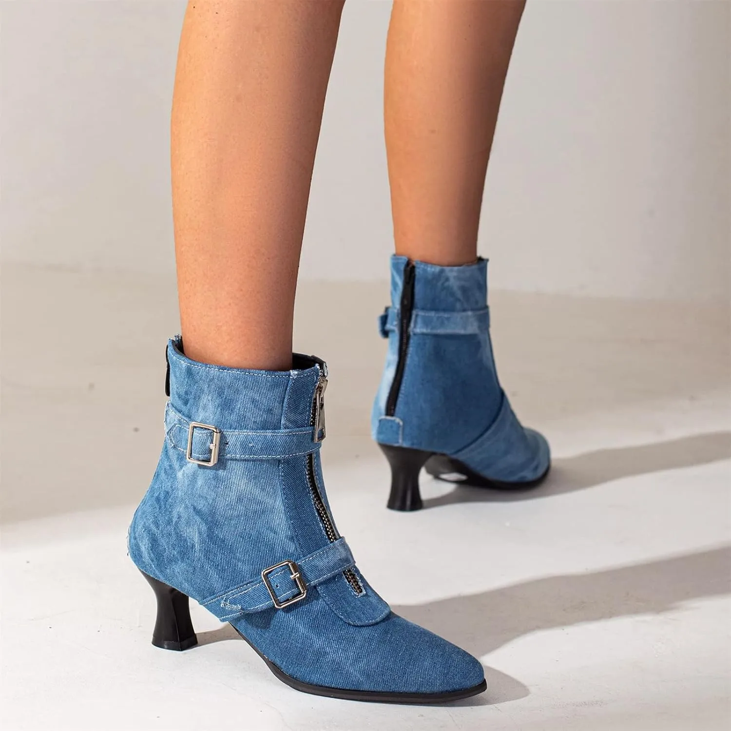 Elbslutt Women's Low Kitten Heel Booties Pointed Toe Ankle Boots Zip Buckles Strap Short Boots Dress Shoes
