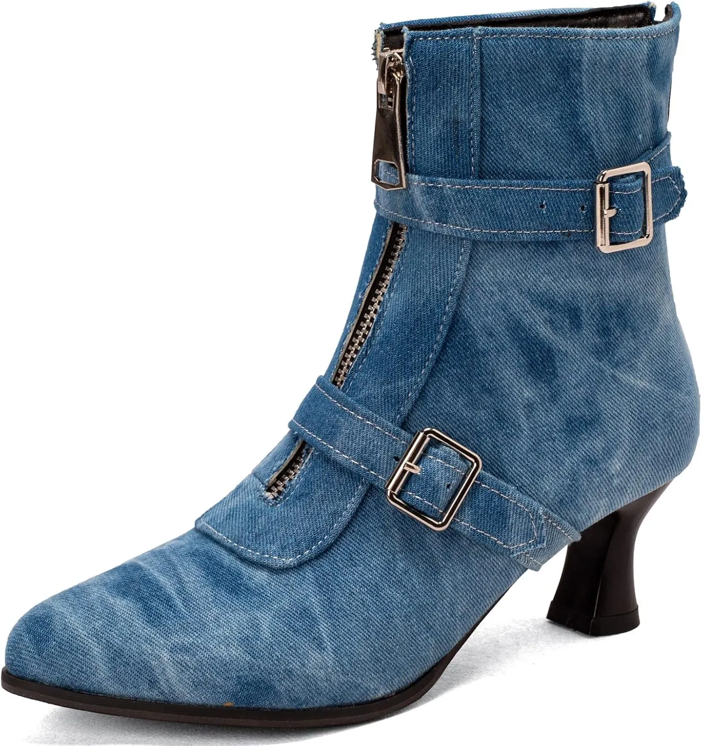 Elbslutt Women's Low Kitten Heel Booties Pointed Toe Ankle Boots Zip Buckles Strap Short Boots Dress Shoes