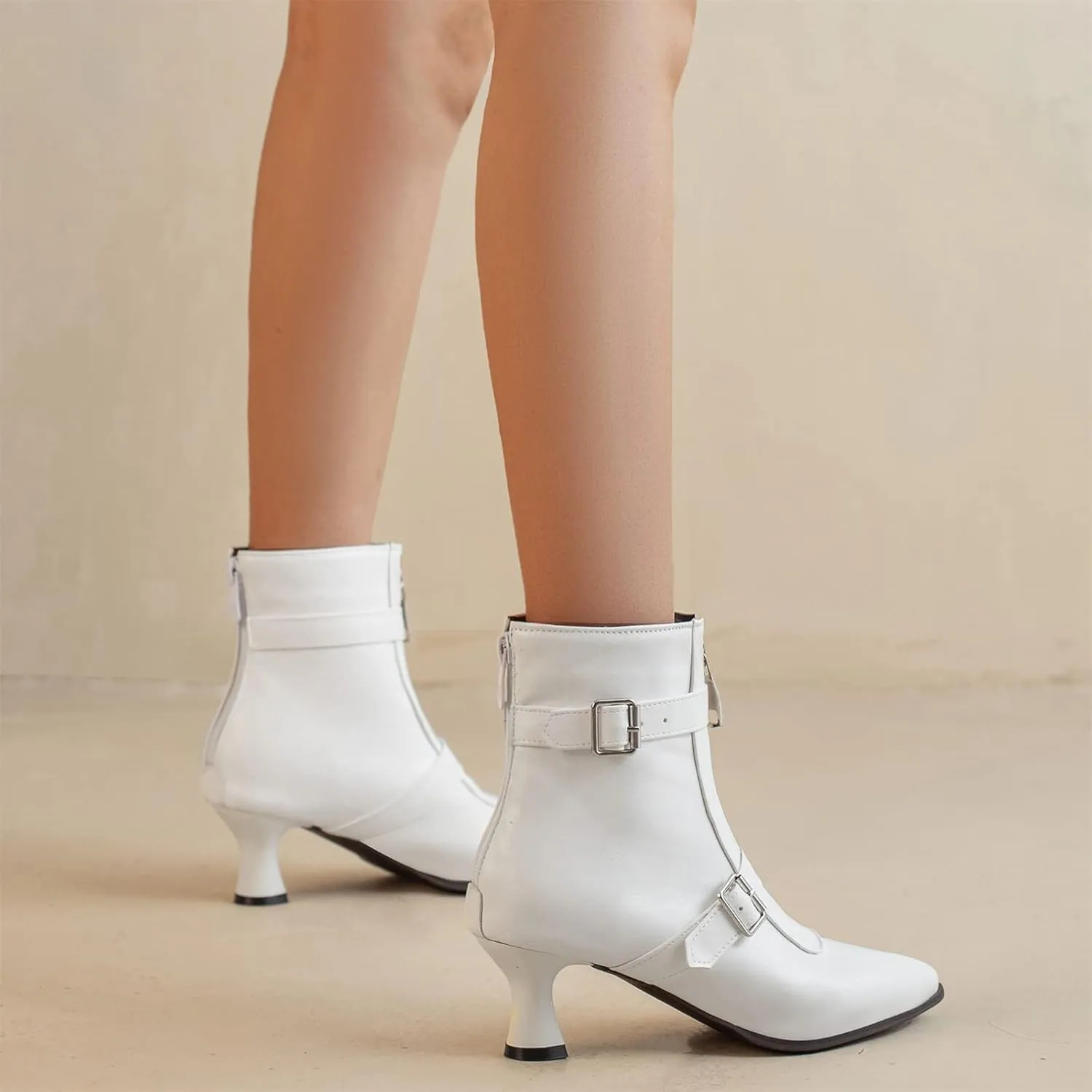 Elbslutt Women's Low Kitten Heel Booties Pointed Toe Ankle Boots Zip Buckles Strap Short Boots Dress Shoes