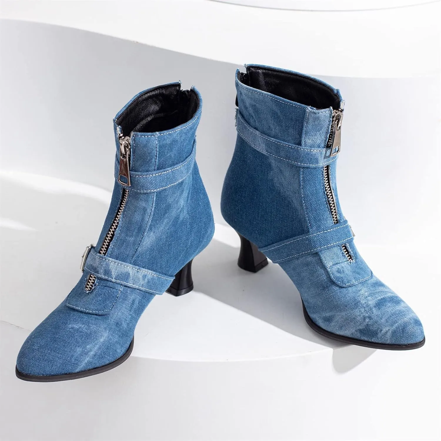 Elbslutt Women's Low Kitten Heel Booties Pointed Toe Ankle Boots Zip Buckles Strap Short Boots Dress Shoes