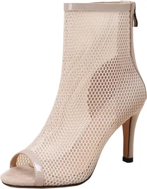 Elbslutt Women's Peep Toe Mesh Ankle Boots Stilettos Lace Up Summer Booties High Heeled Sandals Dress Boots
