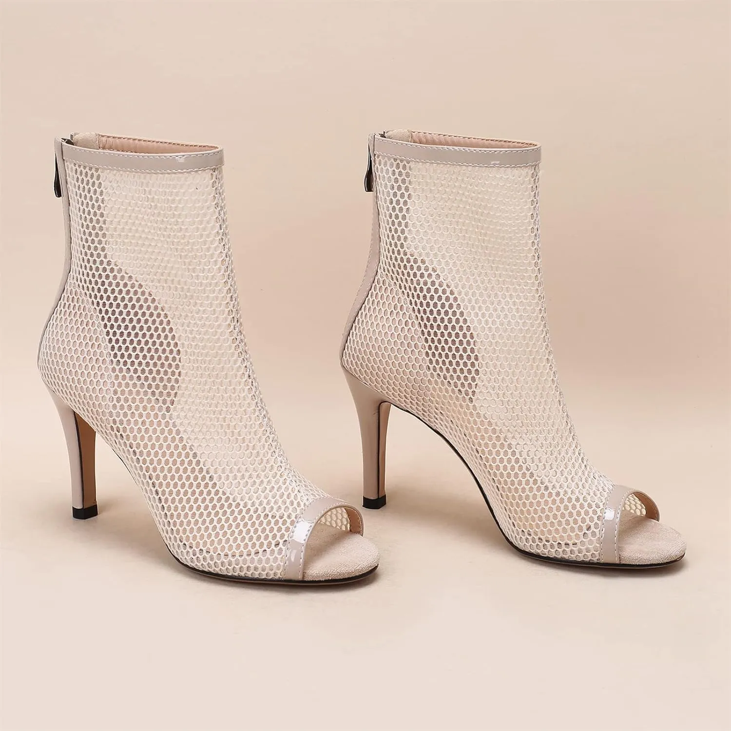 Elbslutt Women's Peep Toe Mesh Ankle Boots Stilettos Lace Up Summer Booties High Heeled Sandals Dress Boots