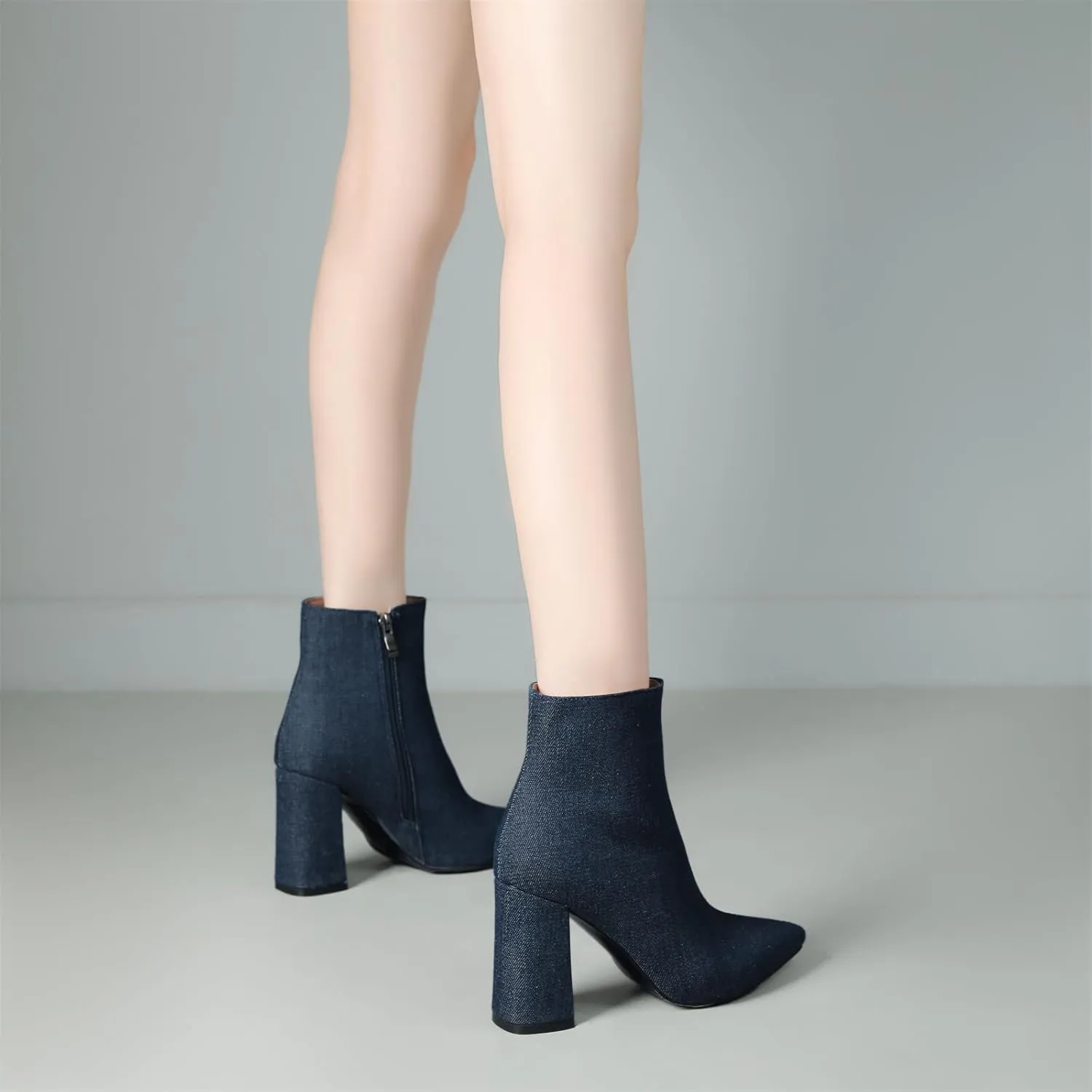 Elbslutt Women's White Pointed Toe Booties Chunky Block Heel Ankle Boots Side Zipper Short Boots
