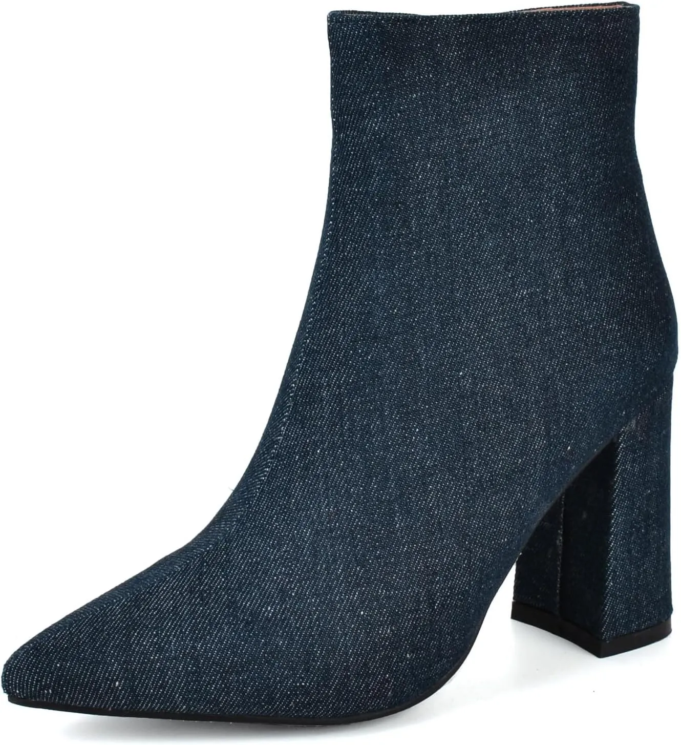Elbslutt Women's White Pointed Toe Booties Chunky Block Heel Ankle Boots Side Zipper Short Boots