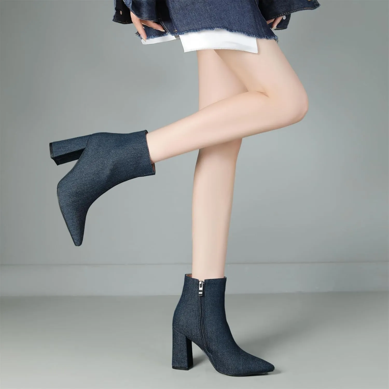 Elbslutt Women's White Pointed Toe Booties Chunky Block Heel Ankle Boots Side Zipper Short Boots