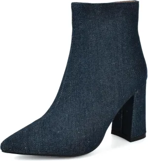 Elbslutt Women's White Pointed Toe Booties Chunky Block Heel Ankle Boots Side Zipper Short Boots