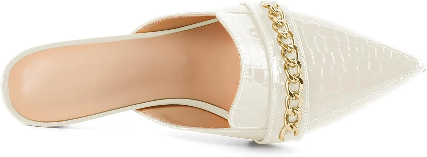 Eldof Women's Heeled Mules Pointed Toe Slip On Kitten Heels with Gold Chain 2.5 Inches