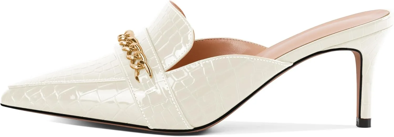 Eldof Women's Heeled Mules Pointed Toe Slip On Kitten Heels with Gold Chain 2.5 Inches