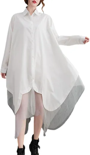ellazhu Women's Casual Solid Long Sleeve Irregular Tulle Shirt Dress GZ45